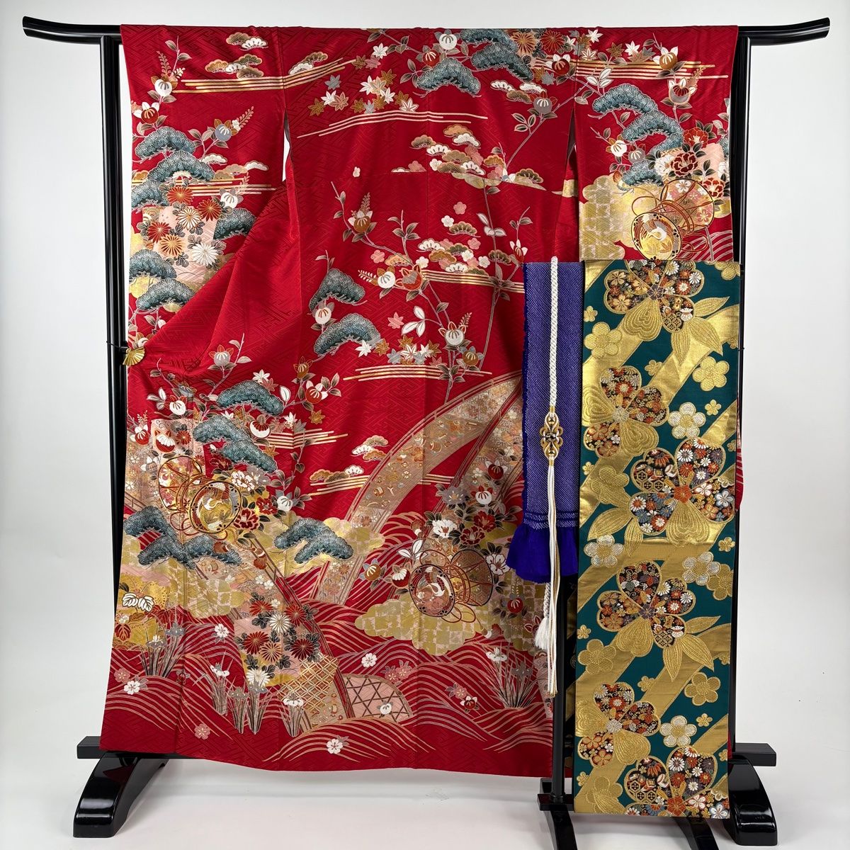 振袖フルセット 裄69.2cm 身丈163cm 辛子色正絹 L サイズ 2745 美品】 振袖 身丈163cm 裄丈62.5cm S 袷 袋帯フルセット 鼓 松 金糸