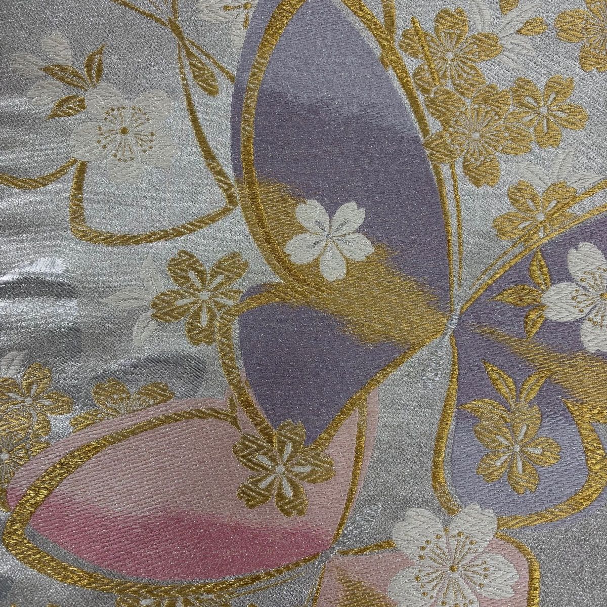 美品】 振袖 身丈159cm 裄丈65.5cm M 袷 袋帯フルセット 草花 箔 金彩