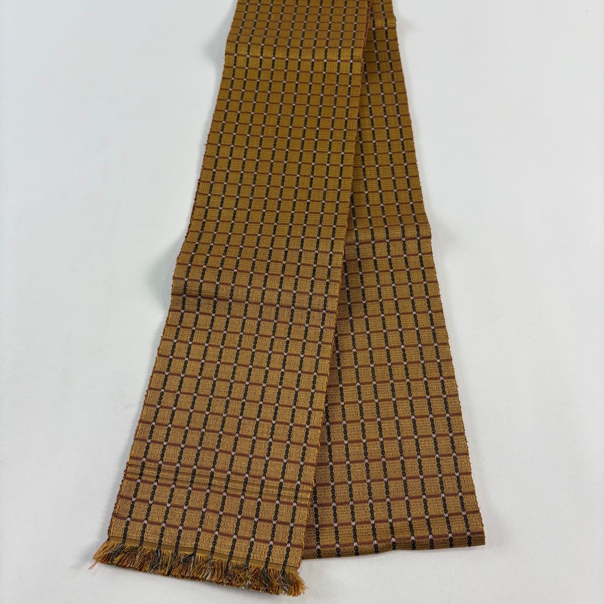 半幅帯 名品 縞 幾何学模様 黄土色 正絹