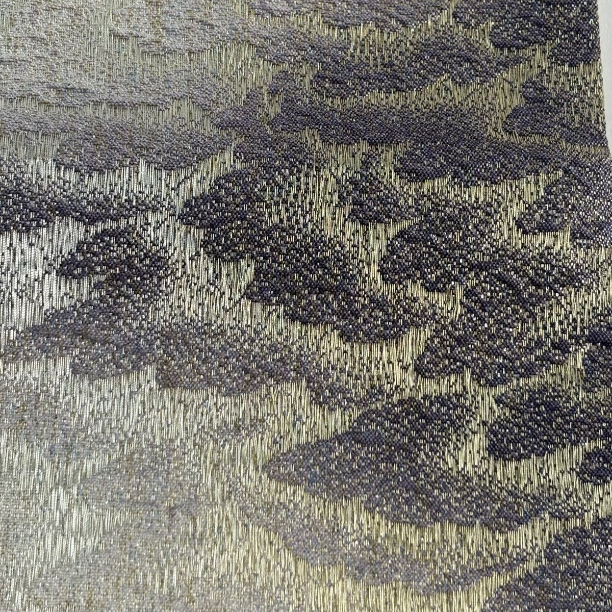 半幅帯 秀品 霞 幾何学模様 金銀糸 箔 ベージュ 正絹