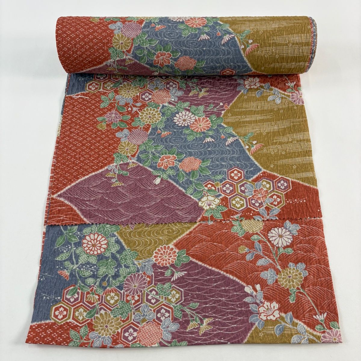 反物 秀品 小紋 菊 亀甲 オレンジ 正絹