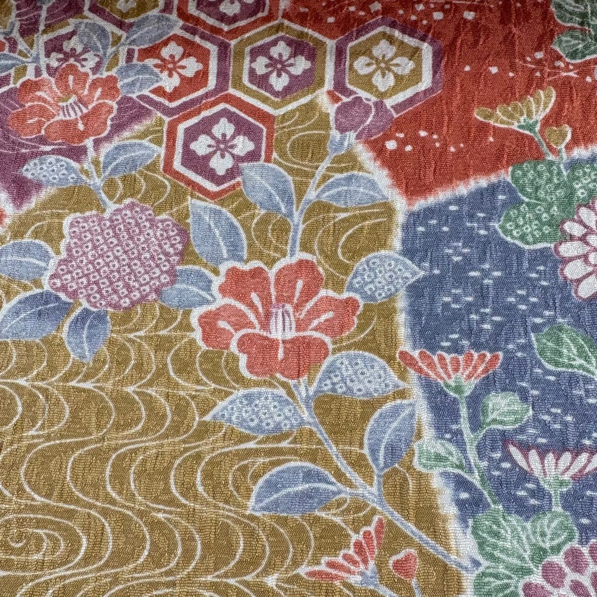 反物 秀品 小紋 菊 亀甲 オレンジ 正絹