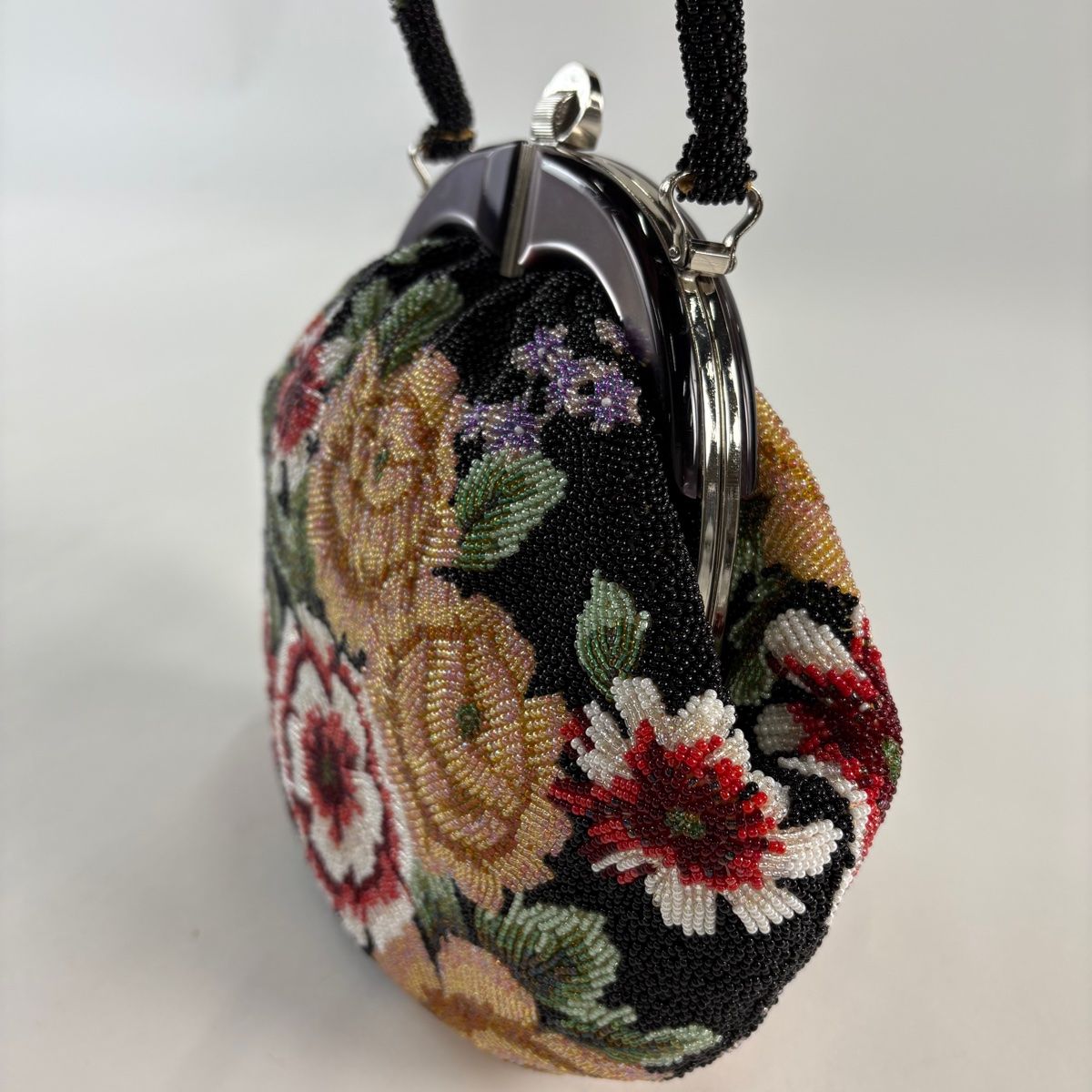 和装バッグ ビーズバッグフォーマル 草花 黒 ビーズ 和装小物