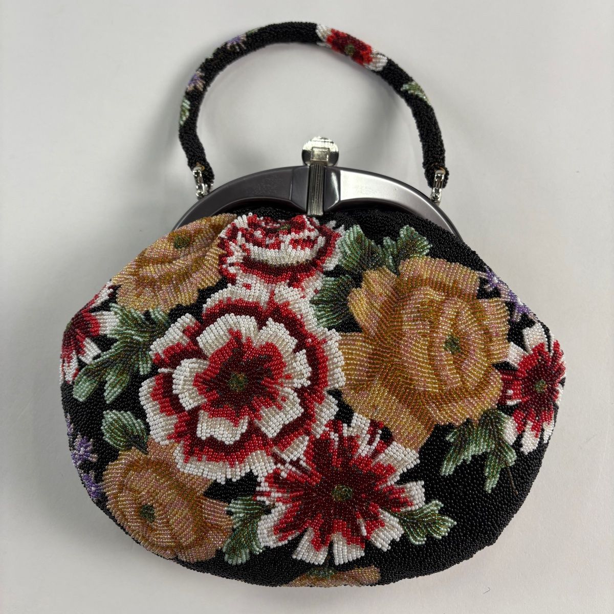 和装バッグ 名品 ビーズバッグフォーマル 草花 黒 ビーズ 和装小物