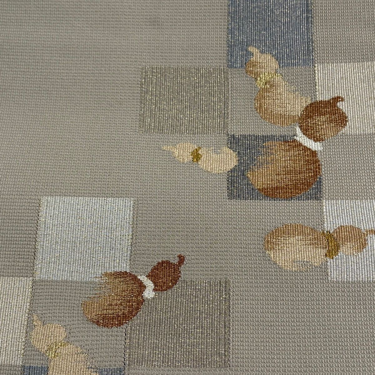 名古屋帯 優品 八寸名古屋帯 松葉仕立て 瓢箪 市松 金糸 灰茶 正絹