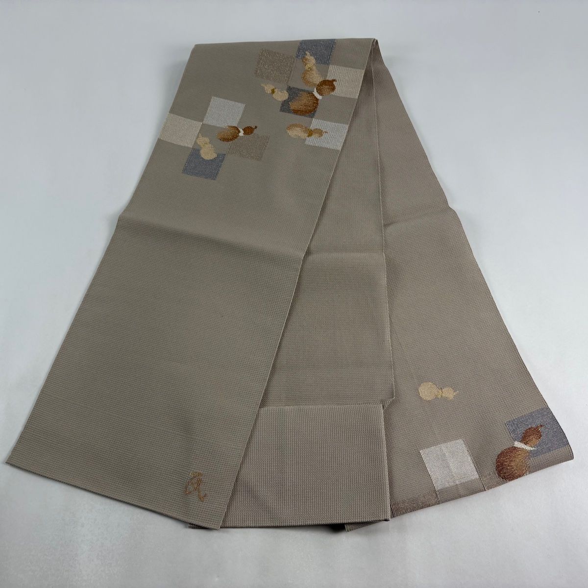 名古屋帯 優品 八寸名古屋帯 松葉仕立て 瓢箪 市松 金糸 灰茶 正絹