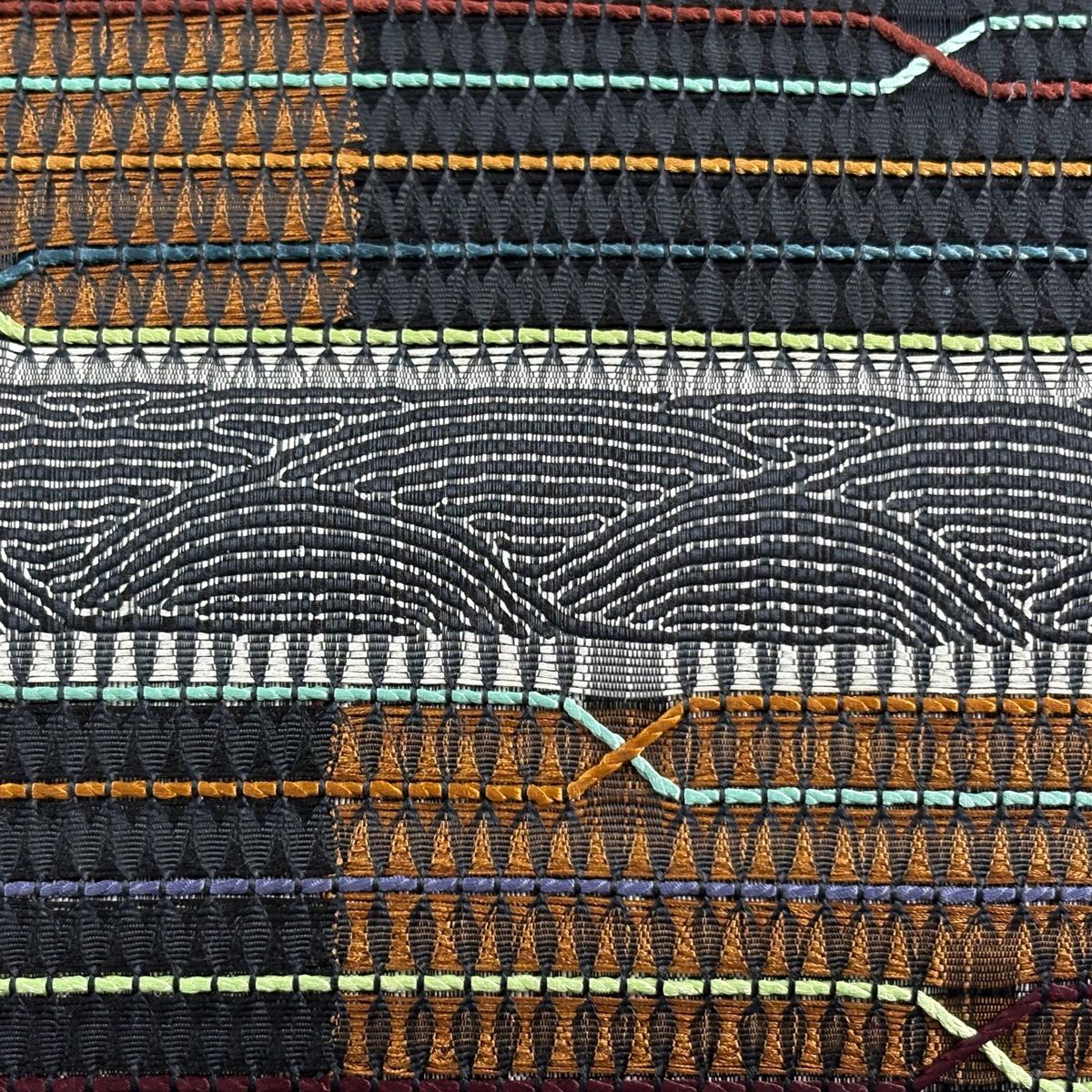 美品】 名古屋帯 秀品 夏帯 八寸名古屋帯 松葉仕立て 波 幾何学模様 黒