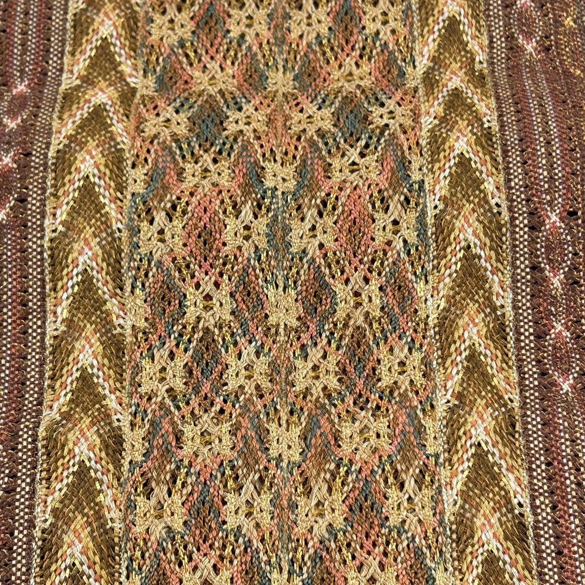 名古屋帯 秀品 八寸名古屋帯 松葉仕立て やまと 幾何学模様 縞 金糸 茶色 正絹