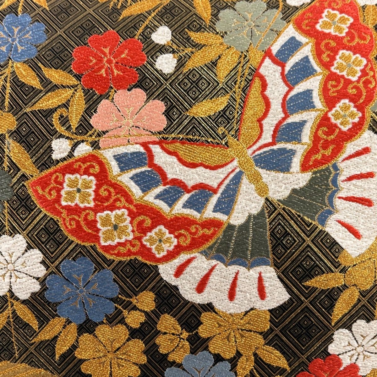 美品】 袋帯 秀品 振袖向き 蝶 桜 金糸 箔 黒 六通 正絹 【中古