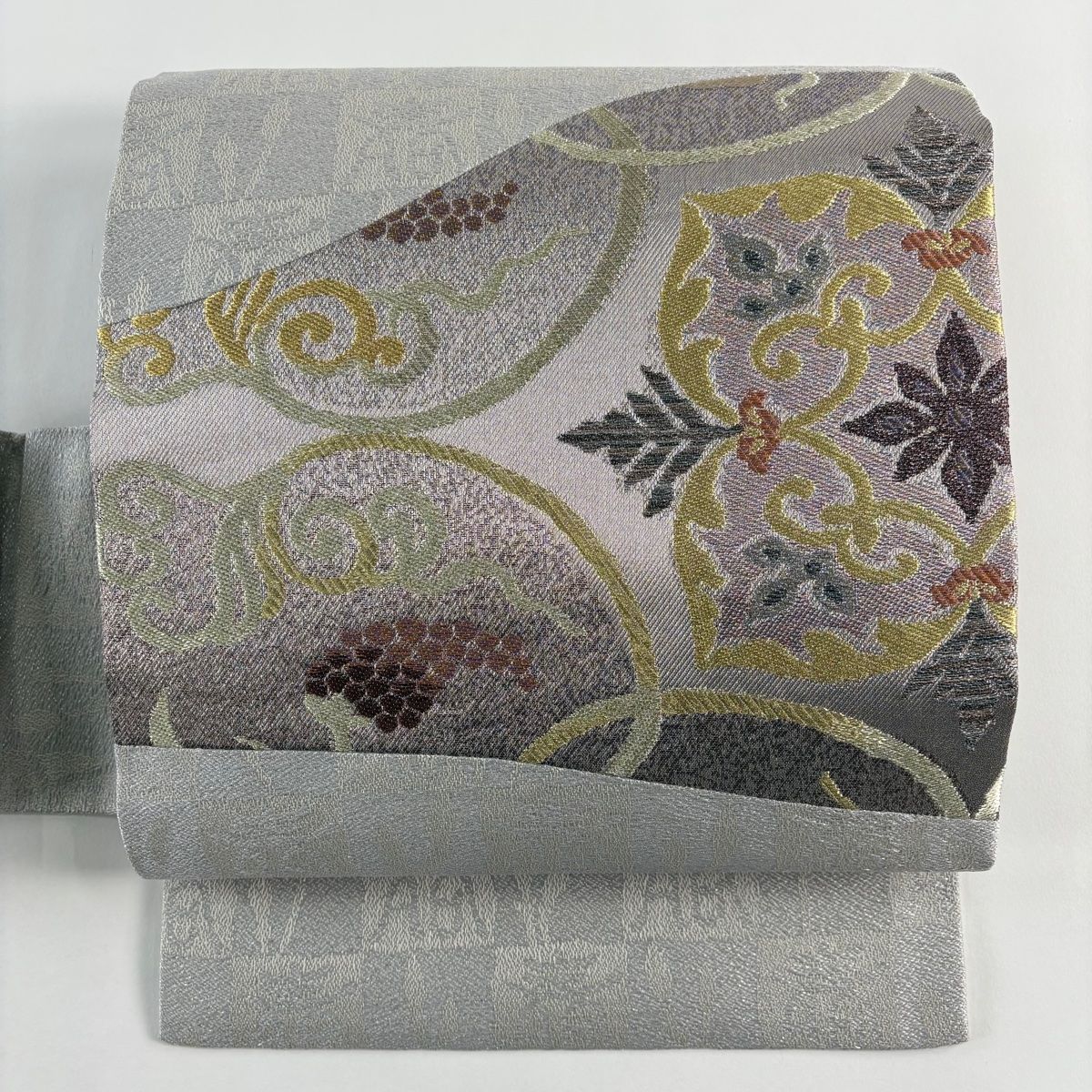 名古屋帯 華文 葡萄 金銀糸 箔 灰色 正絹