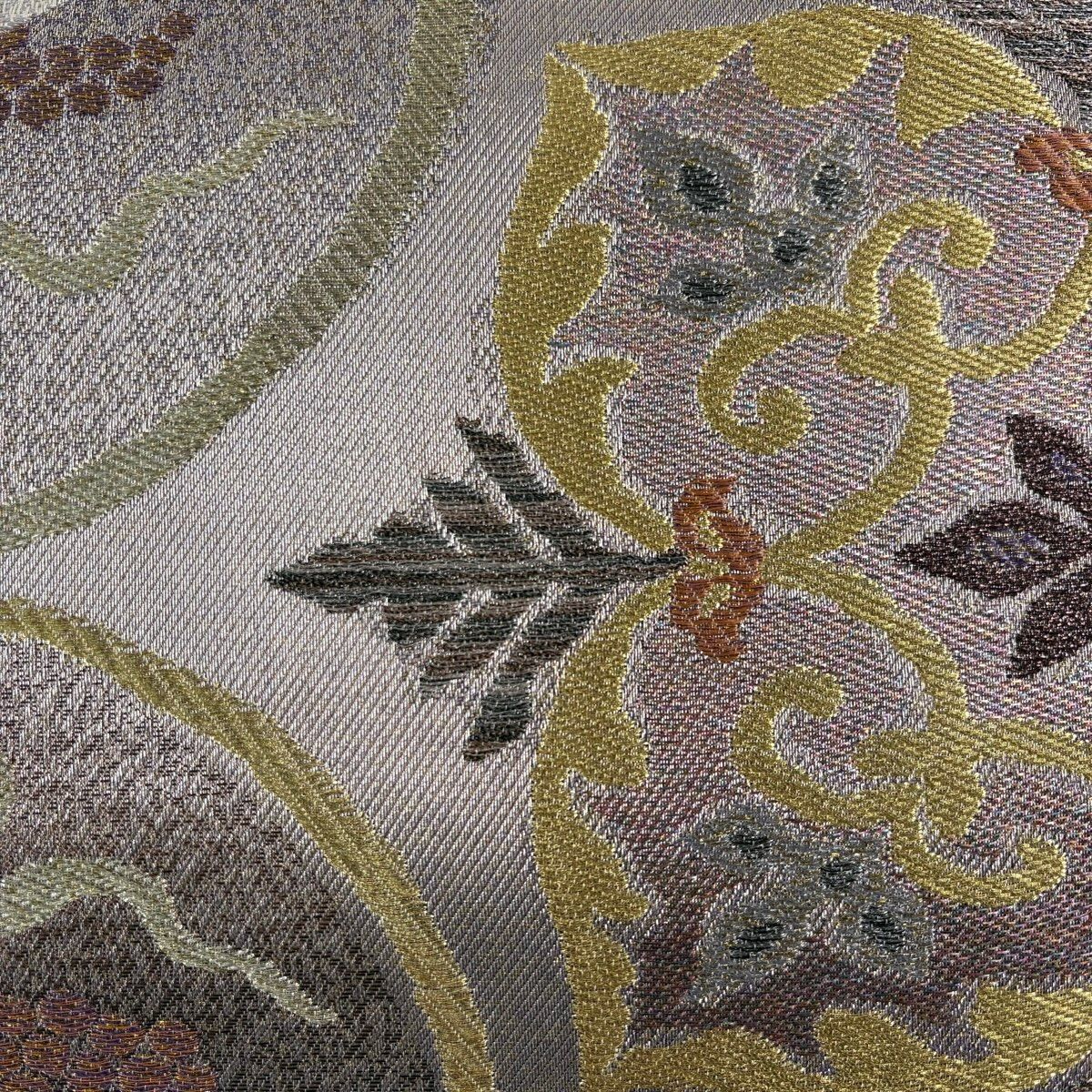 名古屋帯 華文 葡萄 金銀糸 箔 灰色 正絹