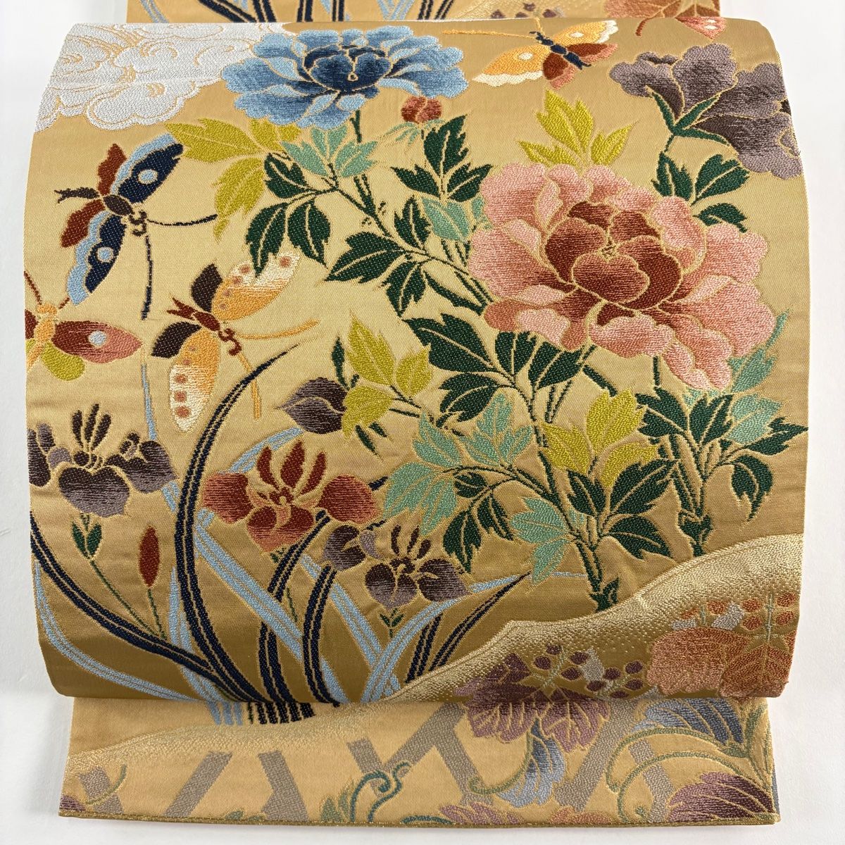 美品】 袋帯 逸品 白綾苑大庭 落款 関西仕立て 草花 蝶 刺繍 金糸 薄茶