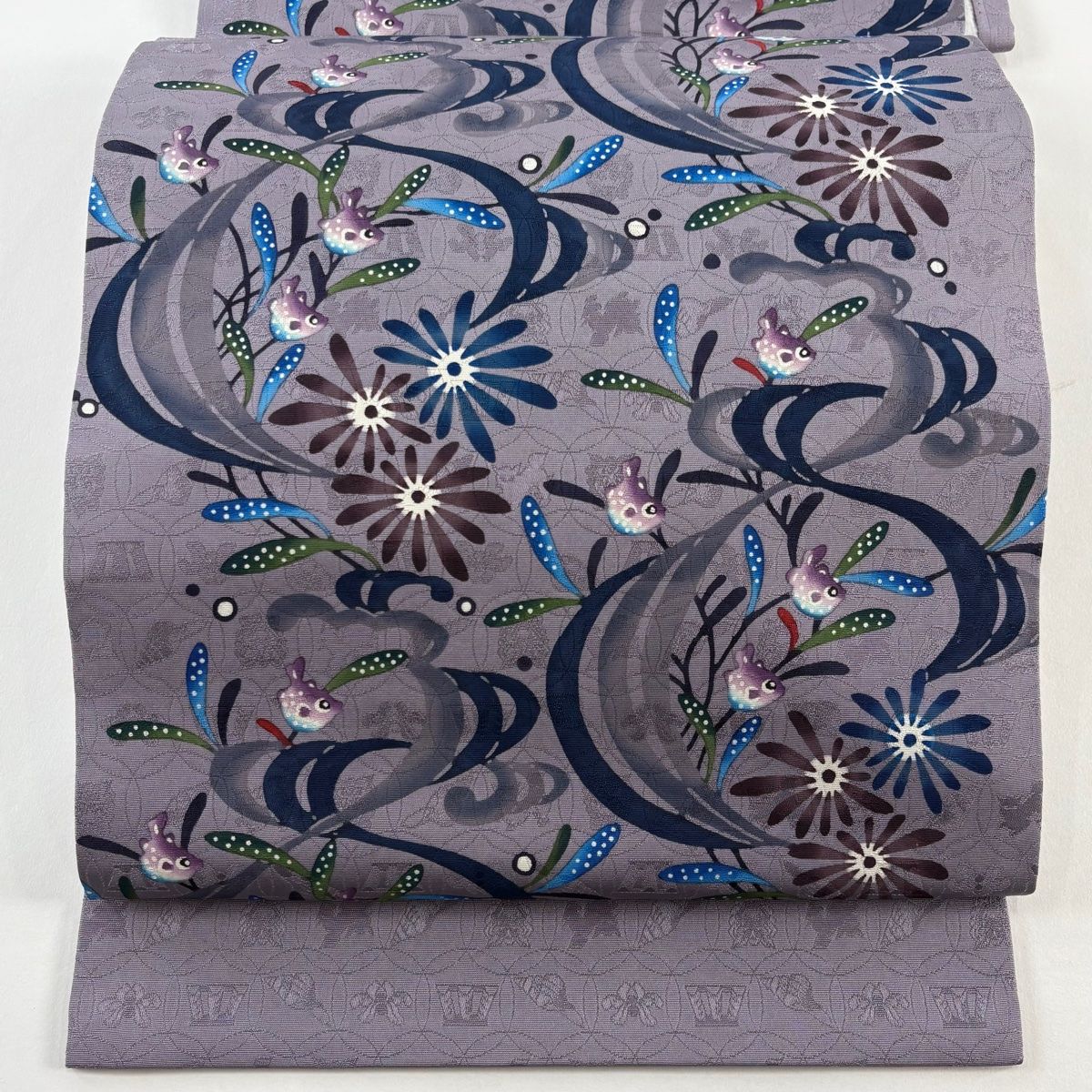 開き名古屋帯 城間栄順 落款 魚 波 灰紫 正絹