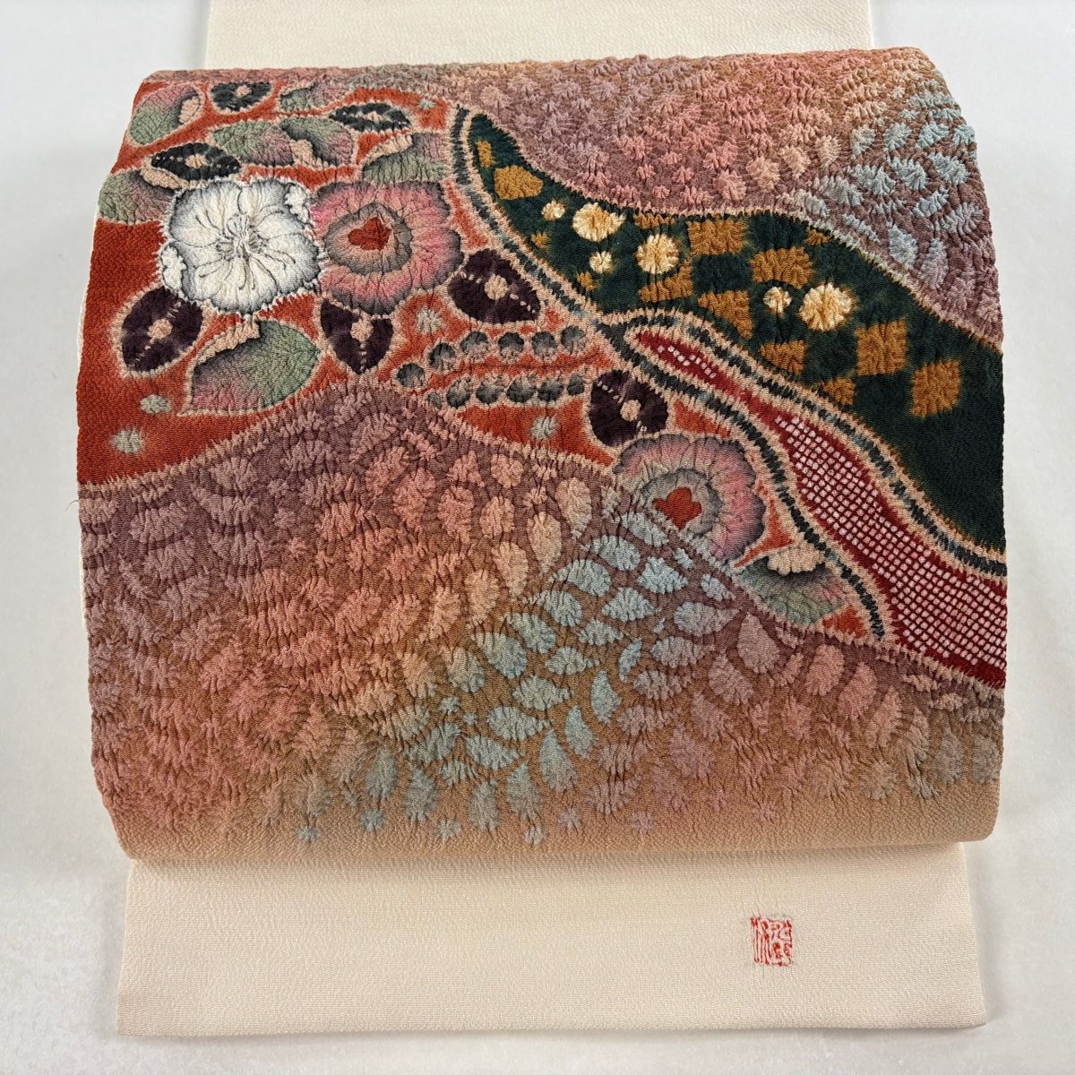 開き名古屋帯 落款 水野保 辻が花 縮緬 赤茶 正絹