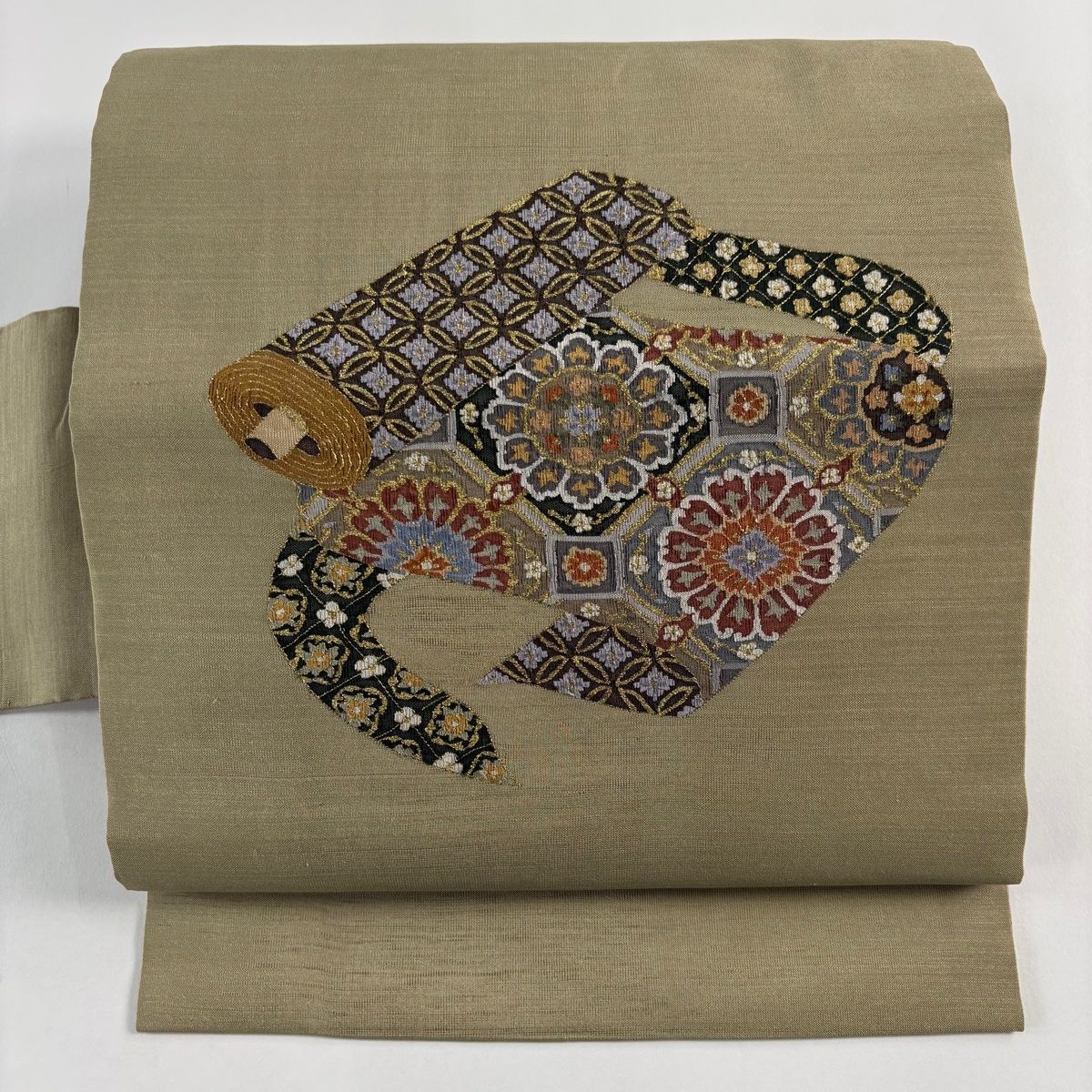 名古屋帯 巻物 蜀江華文 金糸 灰緑 正絹