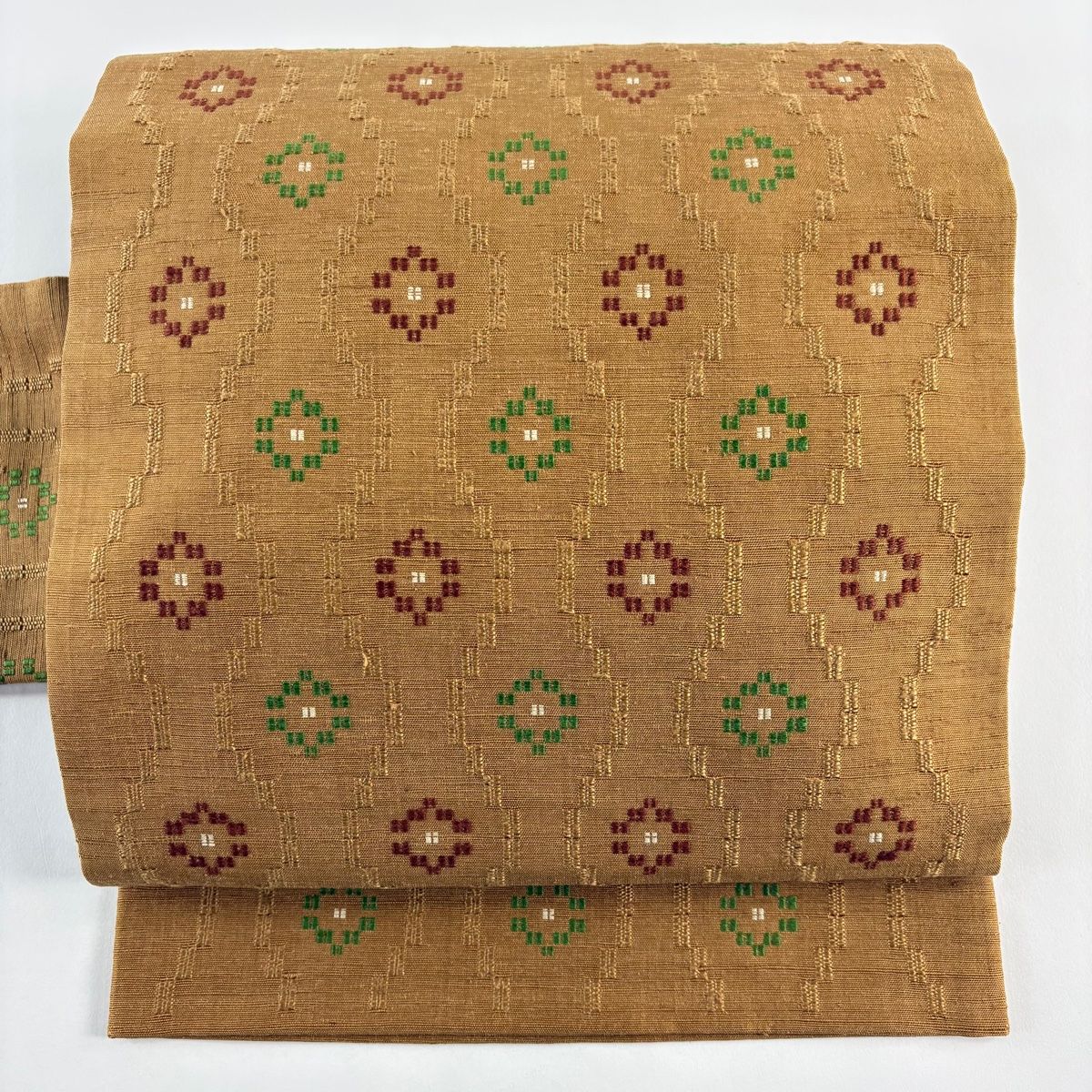 名古屋帯 紬地 立涌 幾何学模様 山吹茶色 正絹