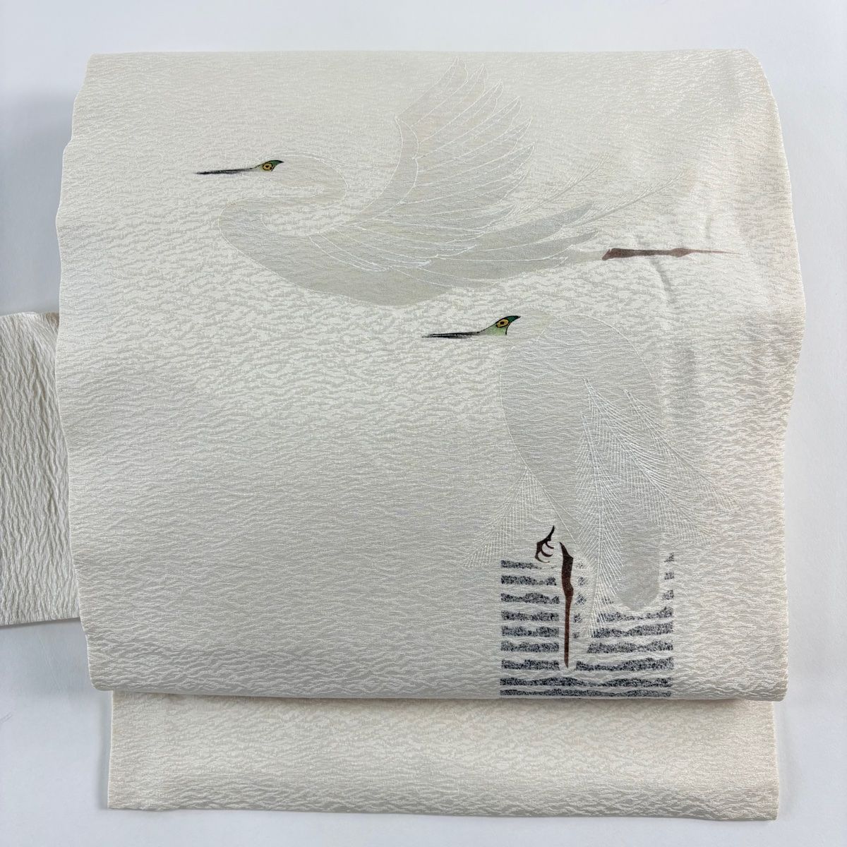 名古屋帯 菅有鬼一 落款 白鷺 金彩 クリーム 正絹