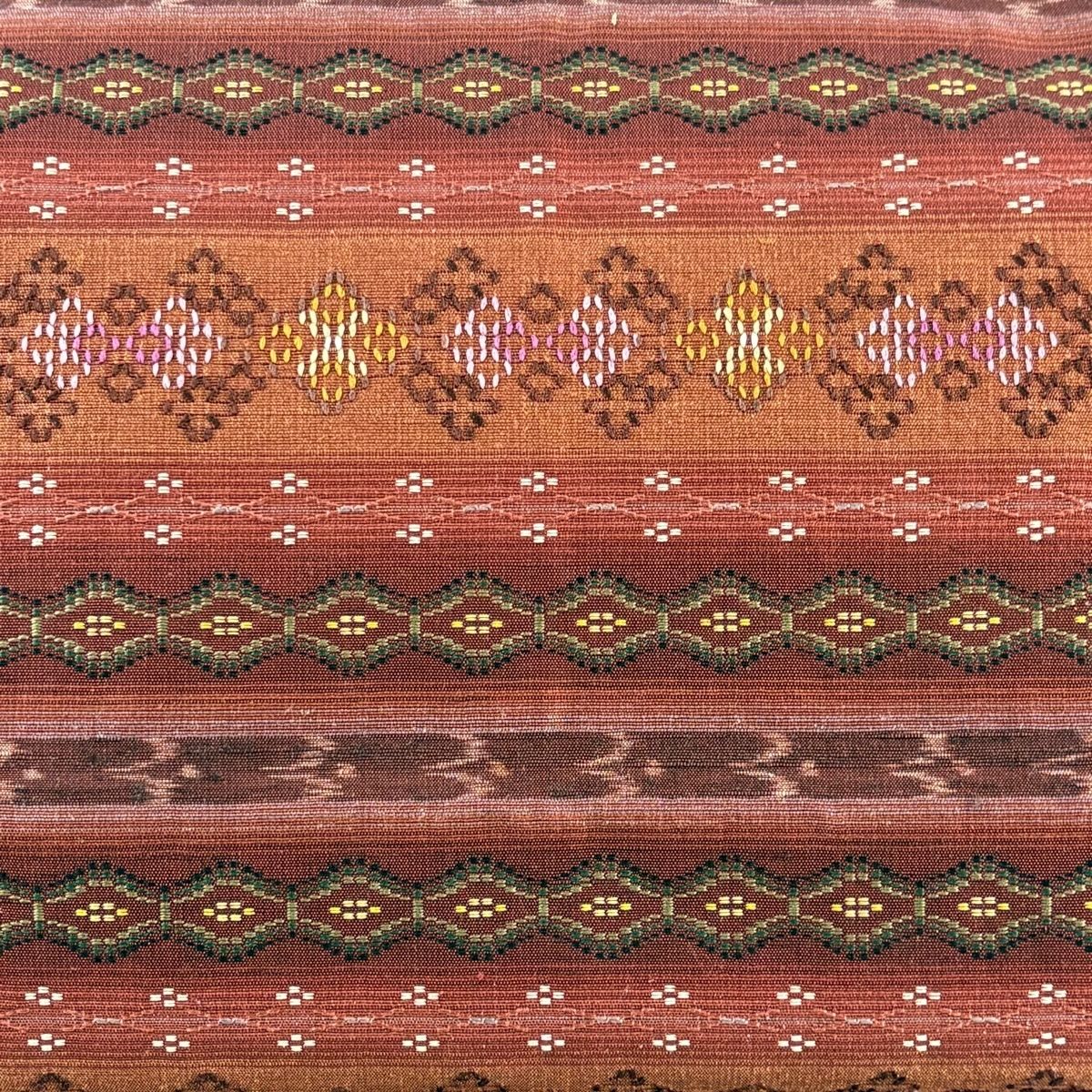 名古屋帯 落款 証紙 南風原花織 段縞 燕 草木染 えんじ色 正絹