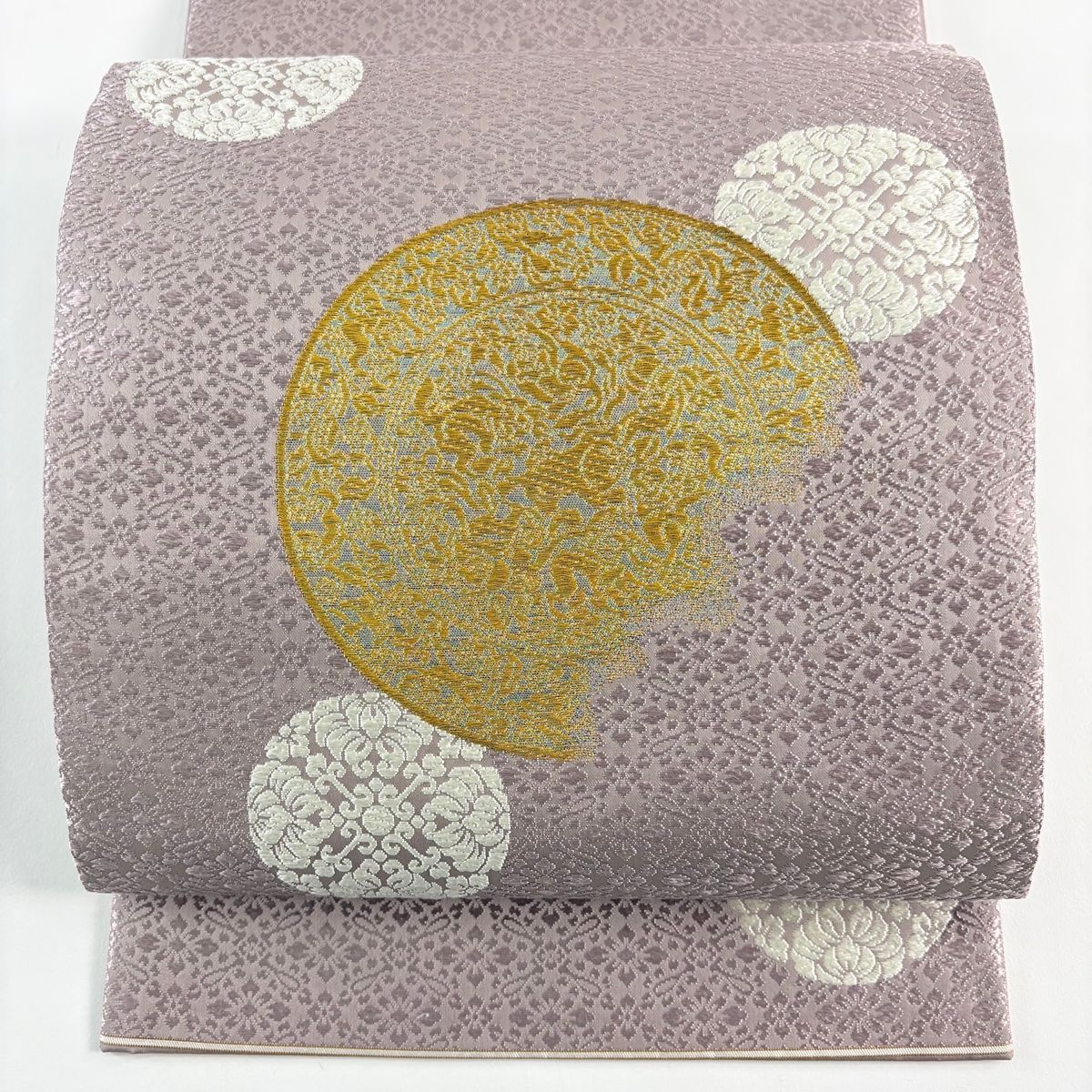 袋帯 逸品 山口美術織物 落款 関西仕立て 葡萄鏡文 浮線綾文 金糸 刺繍