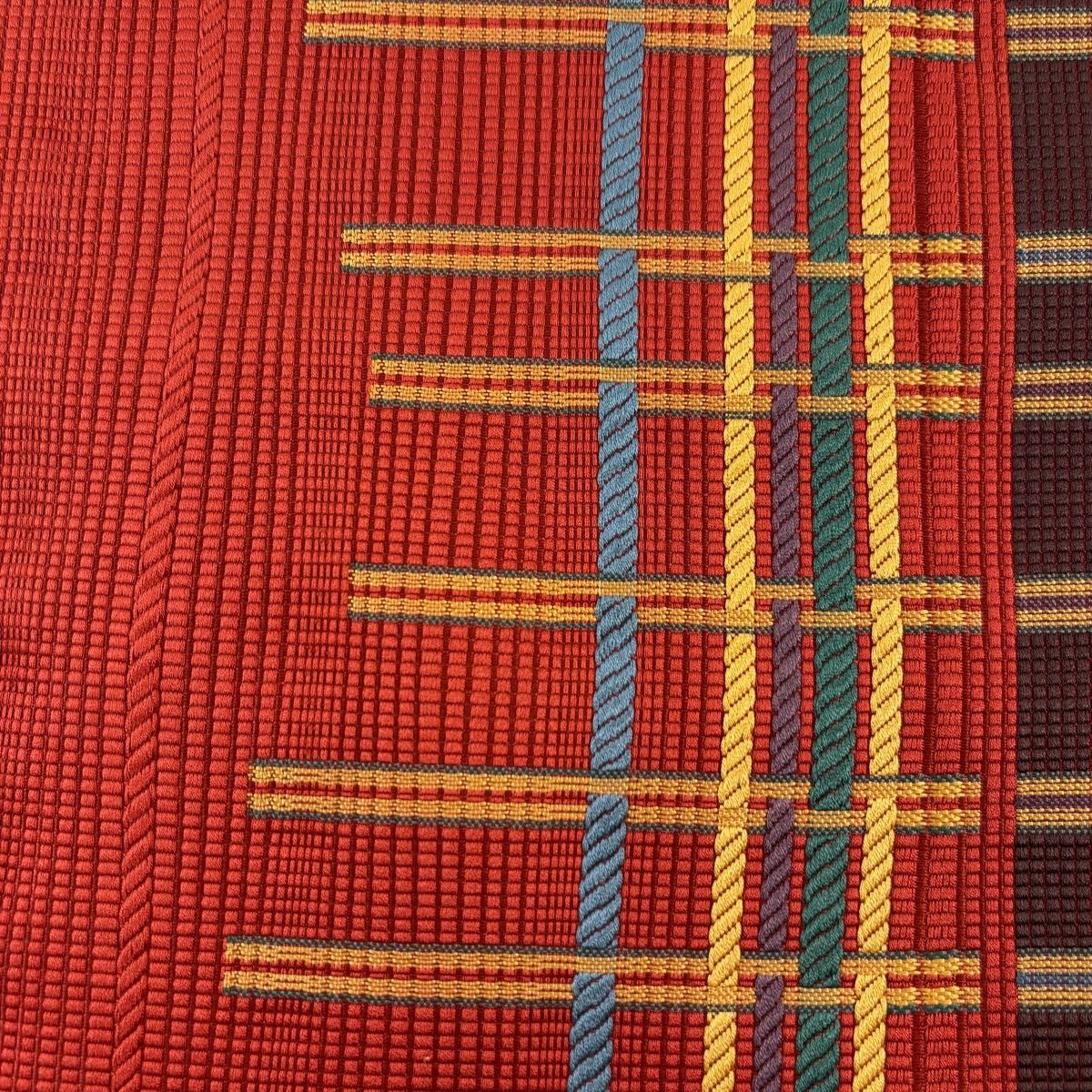 名古屋帯 秀品 松葉仕立て トンネル仕立て 縞 朱色 正絹