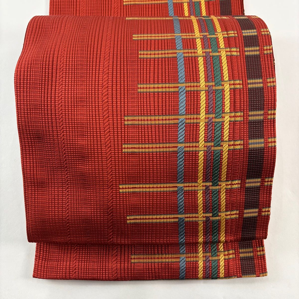 名古屋帯 秀品 松葉仕立て トンネル仕立て 縞 朱色 正絹