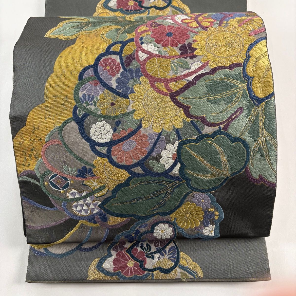 袋帯 秀品 国風錦 関西仕立て 菊 草花 唐織 箔 灰緑 六通 正絹 【中古