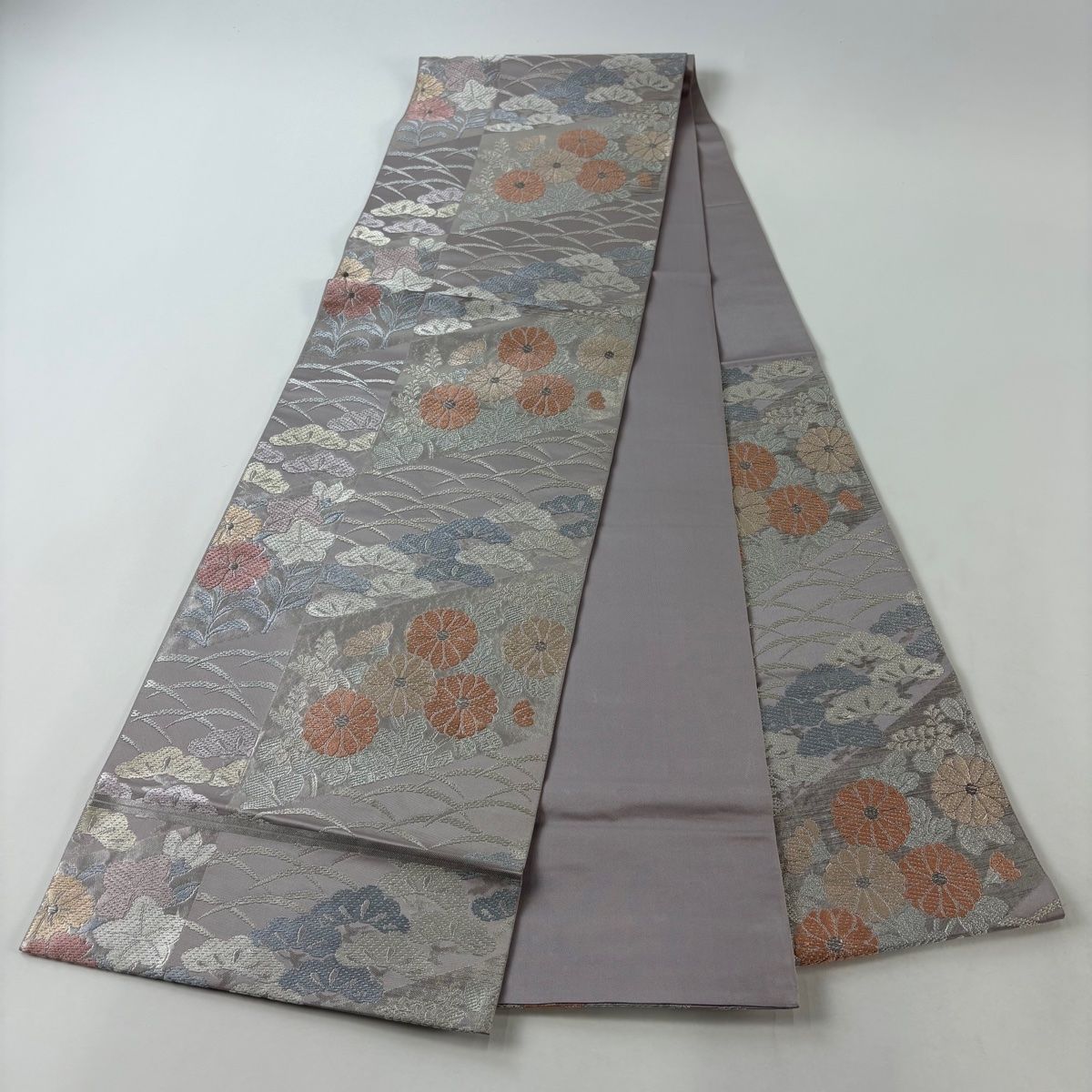 袋帯 秀品 川島織物 落款 菊 松 唐織 銀糸 灰紫 六通 正絹 【中古