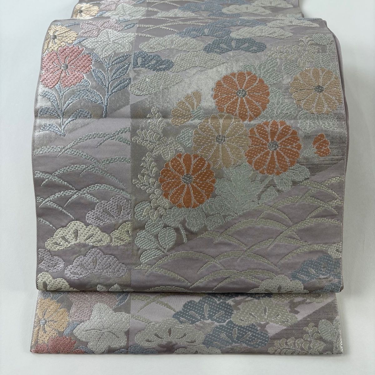 袋帯 秀品 川島織物 落款 菊 松 唐織 銀糸 灰紫 六通 正絹 【中古