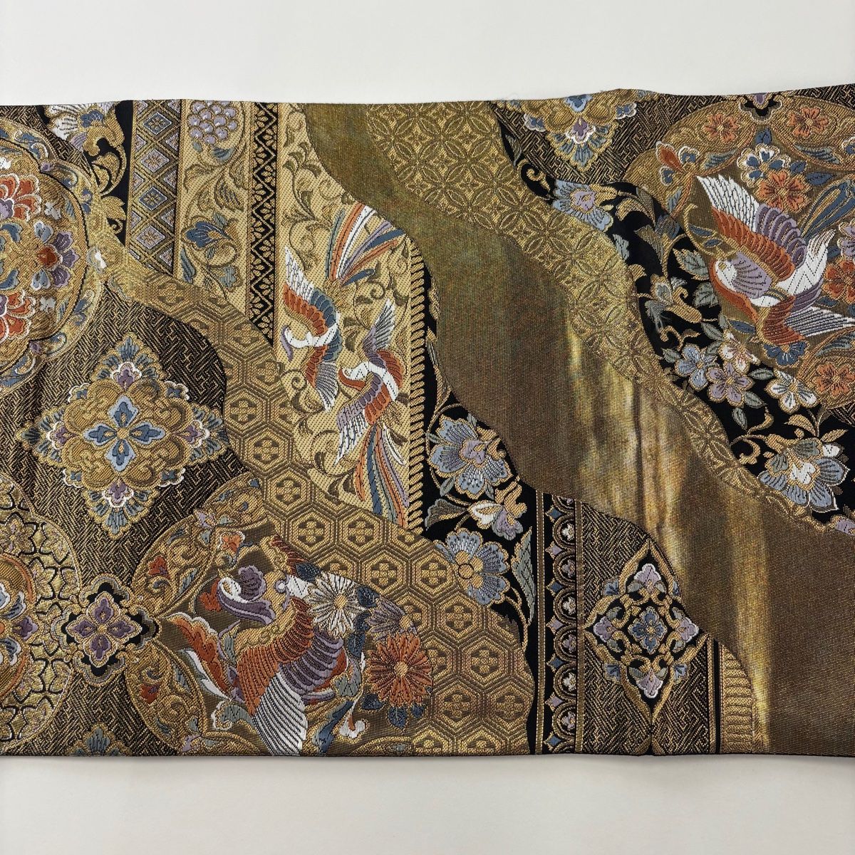 袋帯 秀品 道長薫華文 華文 花鳥 金糸 箔 金色 六通 正絹 【中古