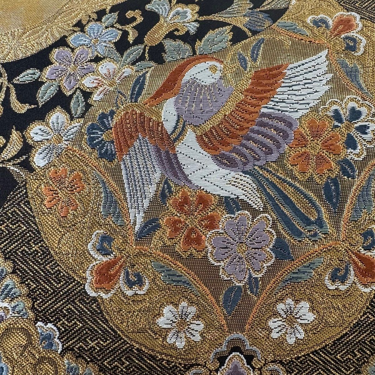 袋帯 秀品 道長薫華文 華文 花鳥 金糸 箔 金色 六通 正絹 【中古