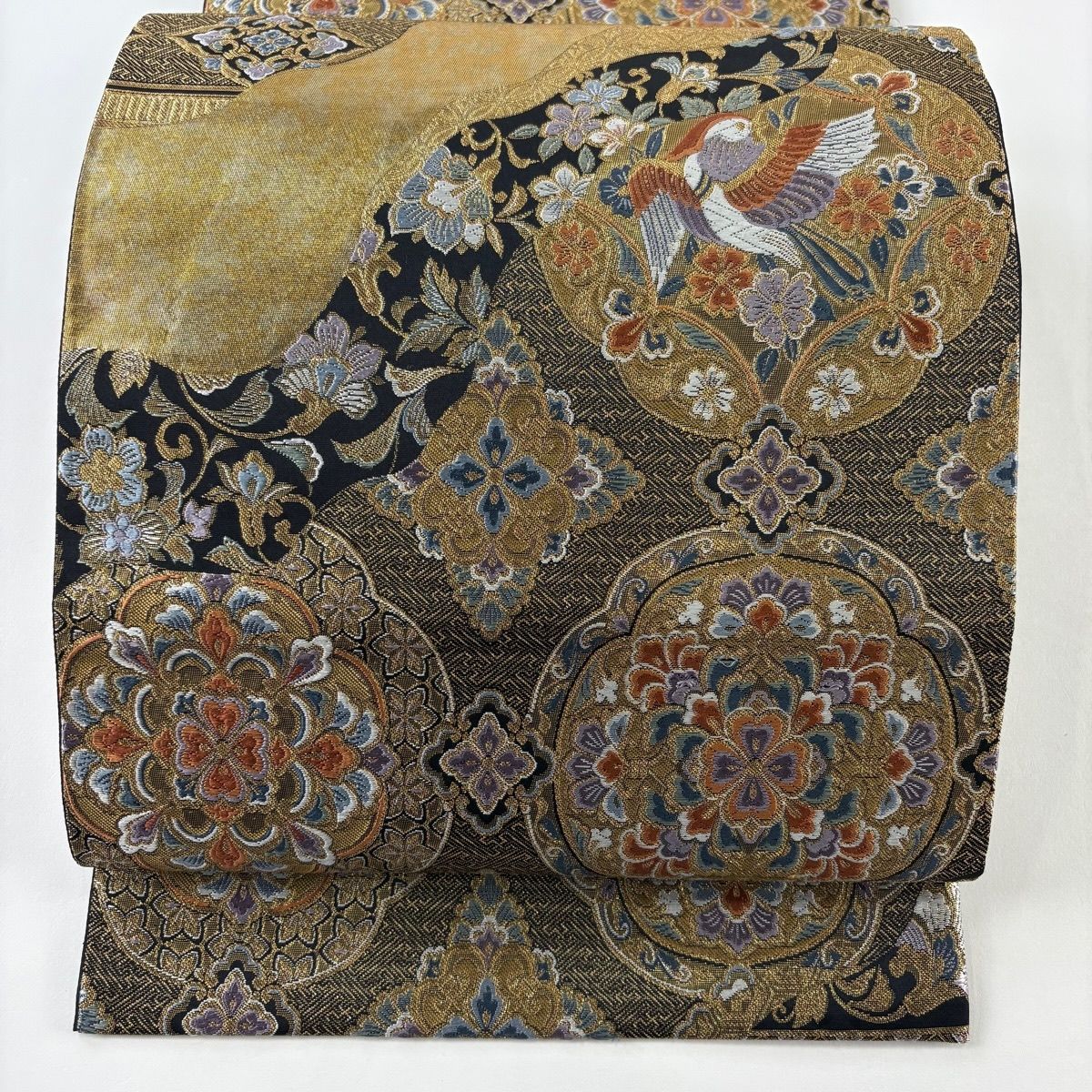 袋帯 秀品 道長薫華文 華文 花鳥 金糸 箔 金色 六通 正絹 【中古