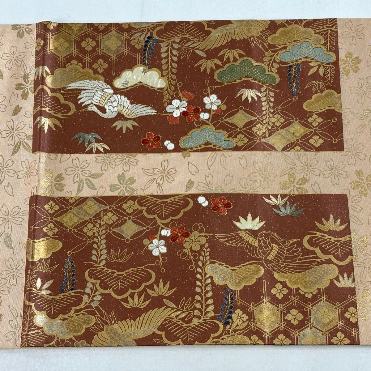 袋帯 秀品 松竹梅 鶴 刺繍 金糸 薄茶色 お太鼓柄 正絹 【中古】 - メルカリ