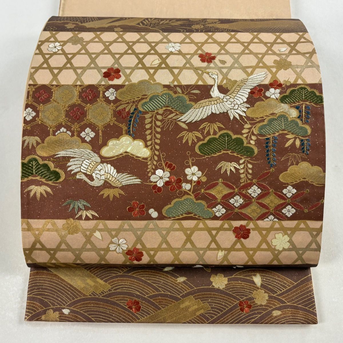袋帯 秀品 松竹梅 鶴 刺繍 金糸 薄茶色 お太鼓柄 正絹 【中古】 - メルカリ