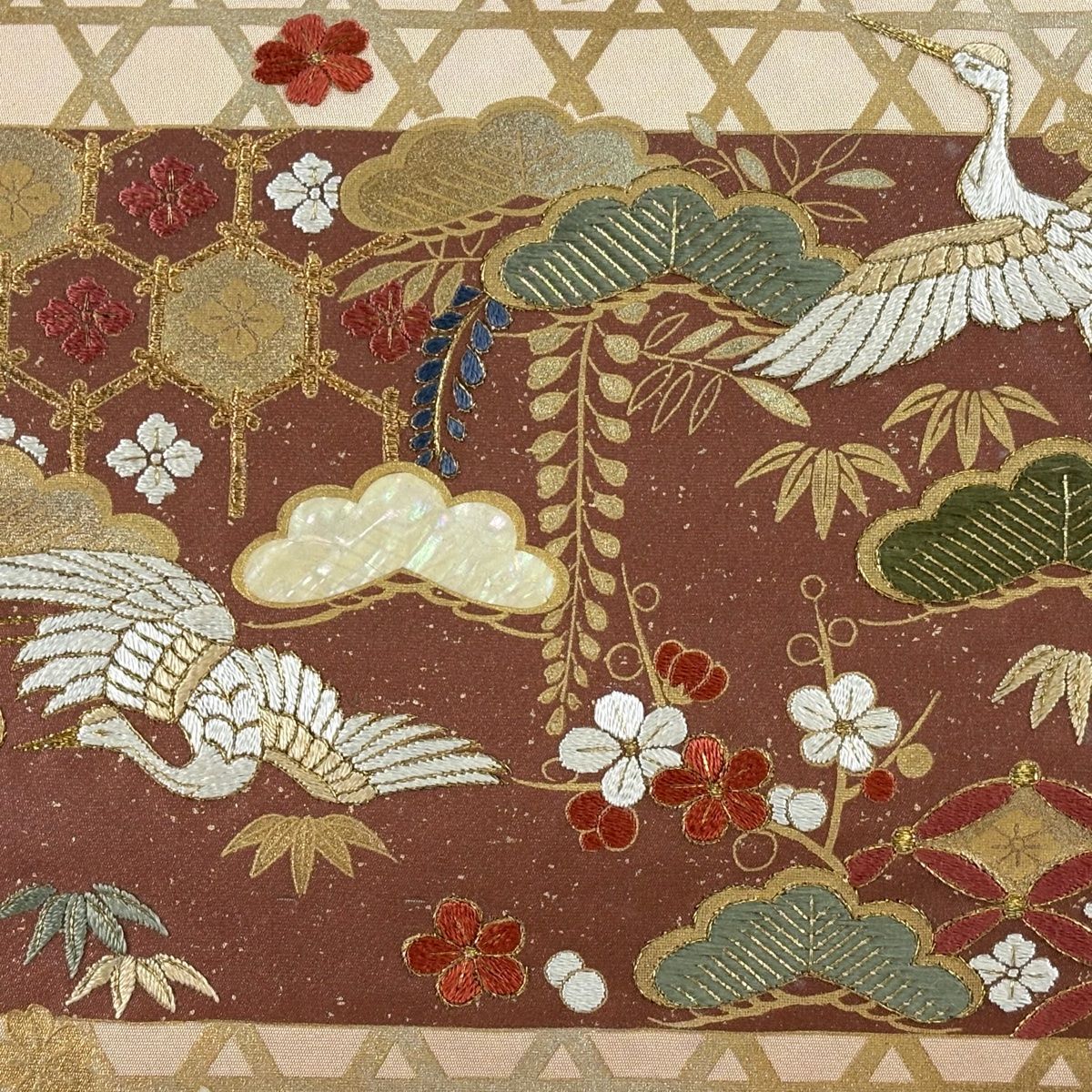 袋帯 秀品 松竹梅 鶴 刺繍 金糸 薄茶色 お太鼓柄 正絹 【中古】 - メルカリ