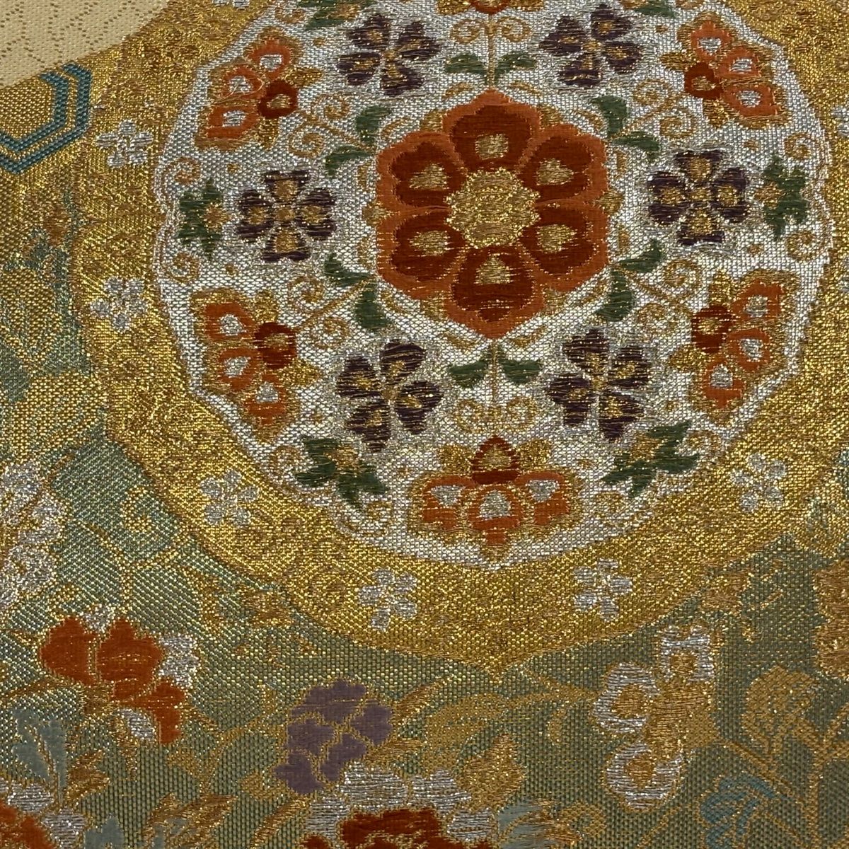 袋帯 美品 箔 六通 金糸 秀品 華文 正絹 草花 金色 中古 美 銀色 名品 