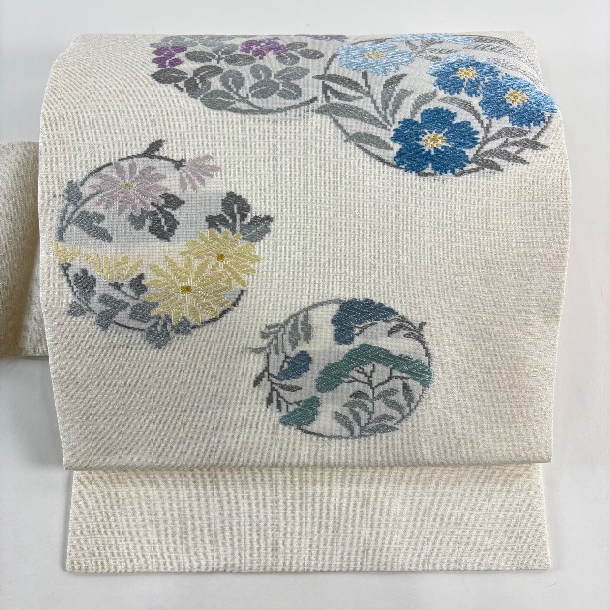 名古屋帯 秀品 夏帯 花丸文 金糸 銀通し 白 正絹