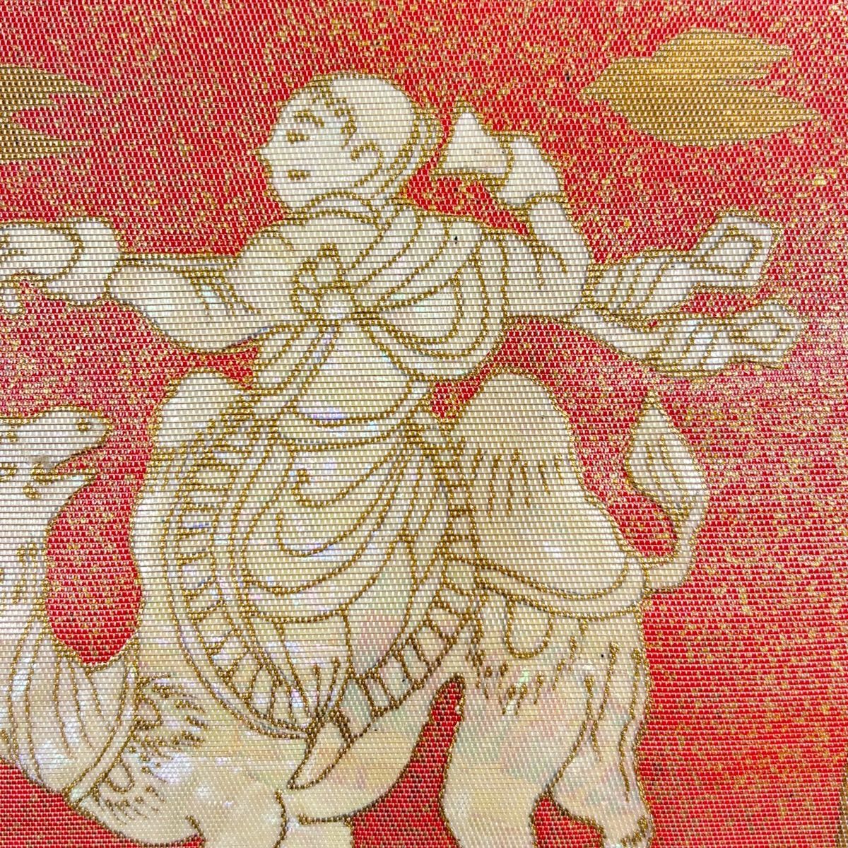 名古屋帯 秀品 人物 ラクダ 螺鈿 箔 クリーム 正絹