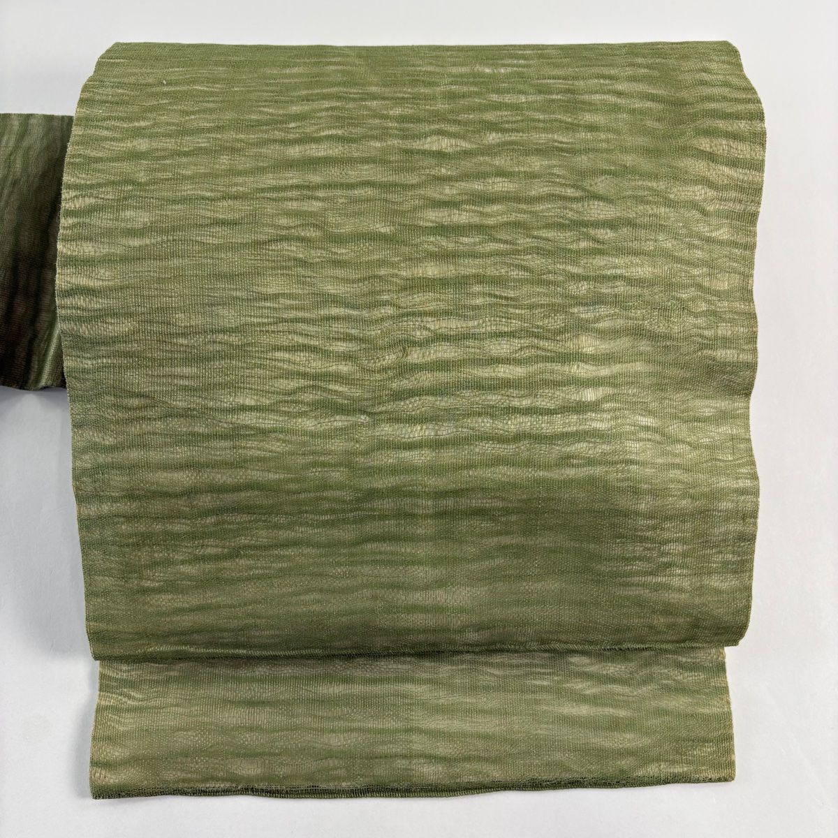 名古屋帯 秀品 夏帯 よろけ縞 よもぎ色 正絹