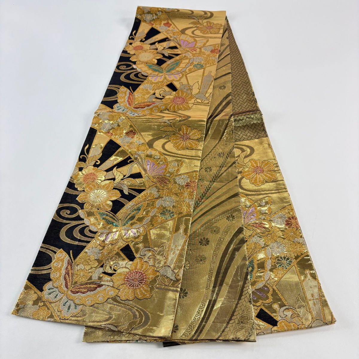 袋帯 振袖 ビロード 大輪花 金銀糸 ゴールド 正絹 #1115 袋帯 秀品