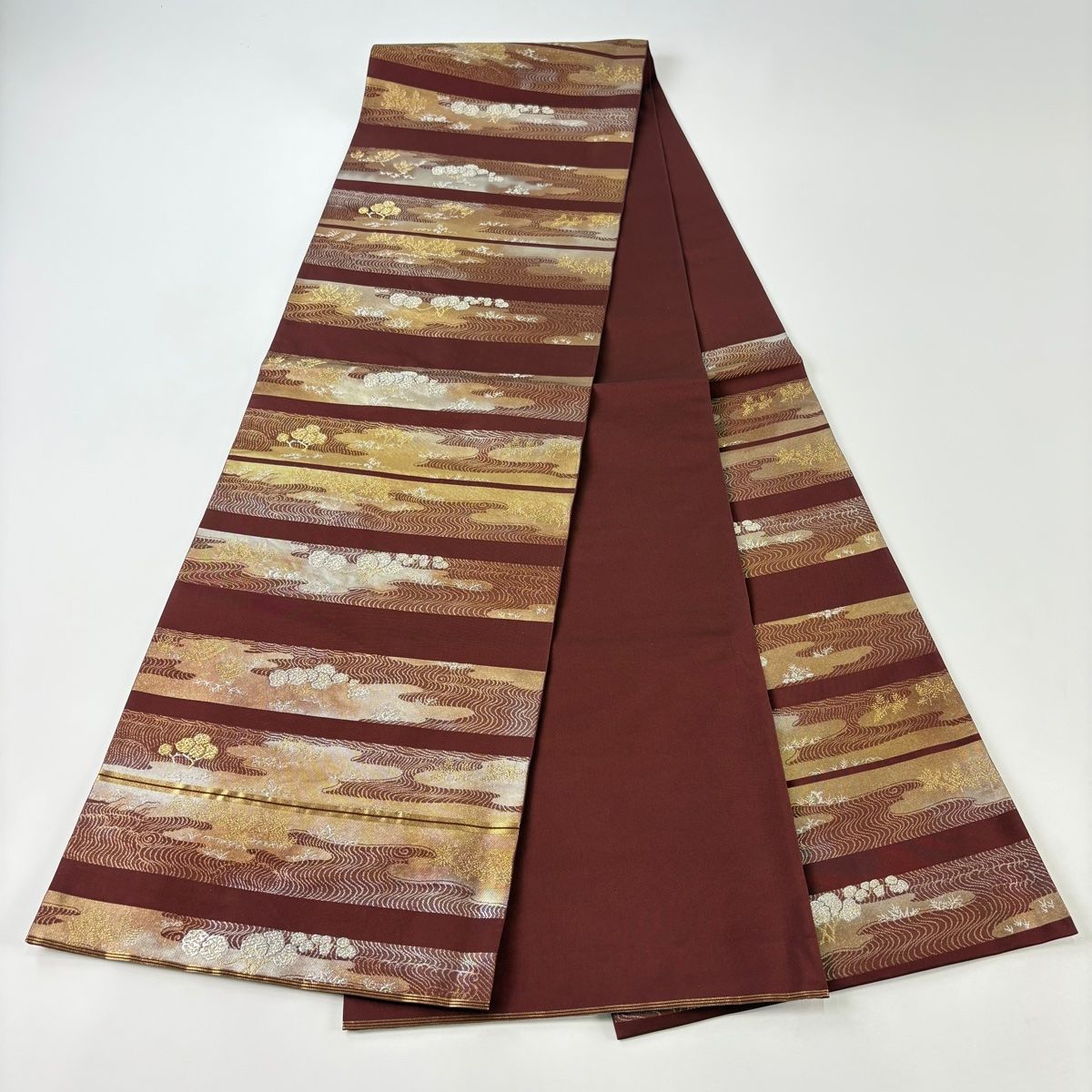 美品】 袋帯 秀品 川島織物 落款 関西仕立て 横段 流水 箔 金銀糸 赤茶