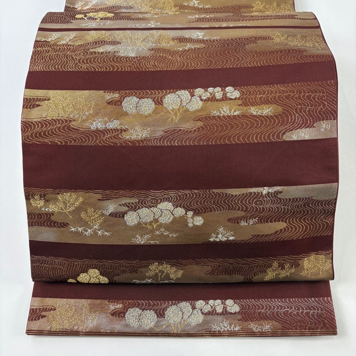 美品】 袋帯 秀品 川島織物 落款 関西仕立て 横段 流水 箔 金銀糸 赤茶