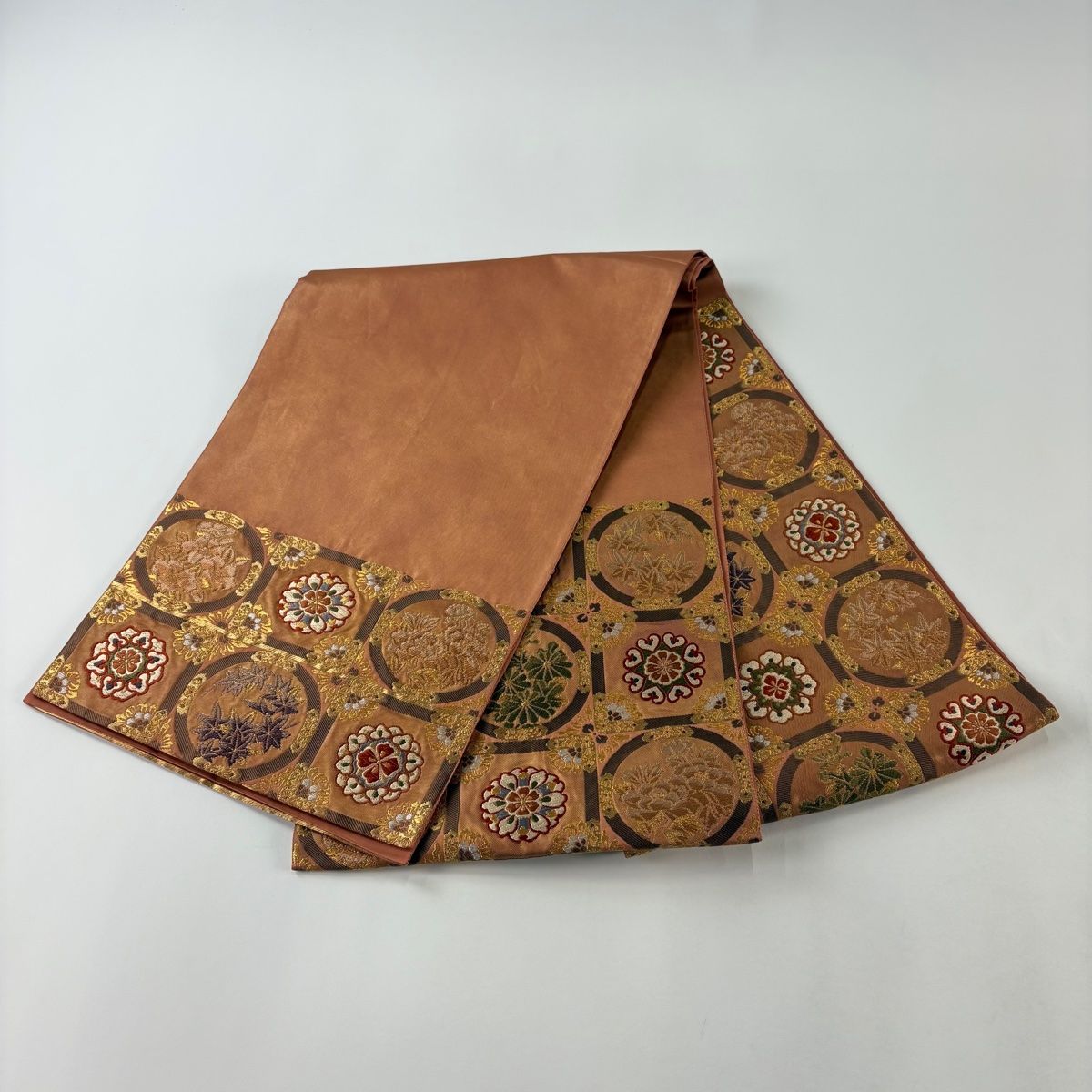 美品】 袋帯 秀品 加納幸 落款 楓 梅 箔 金糸 赤茶 お太鼓柄 正絹