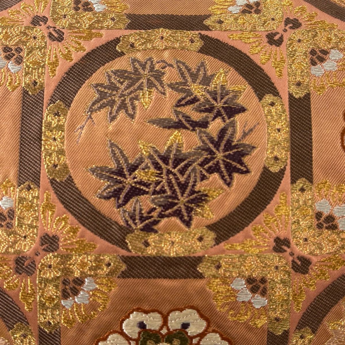 美品】 袋帯 秀品 加納幸 落款 楓 梅 箔 金糸 赤茶 お太鼓柄 正絹