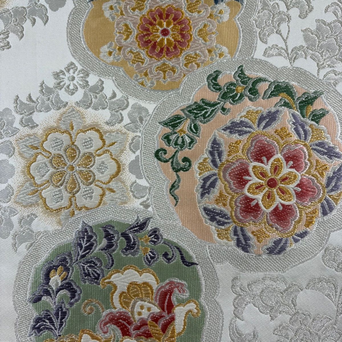 A◆着物くつろぎ 雪輪に花模様 銀糸 七宝 菱形 六通 正絹 フォーマルな袋帯 A◇着物くつろぎ 雪輪に花模様 銀糸 七宝 菱形 六通 正絹 フォーマルな