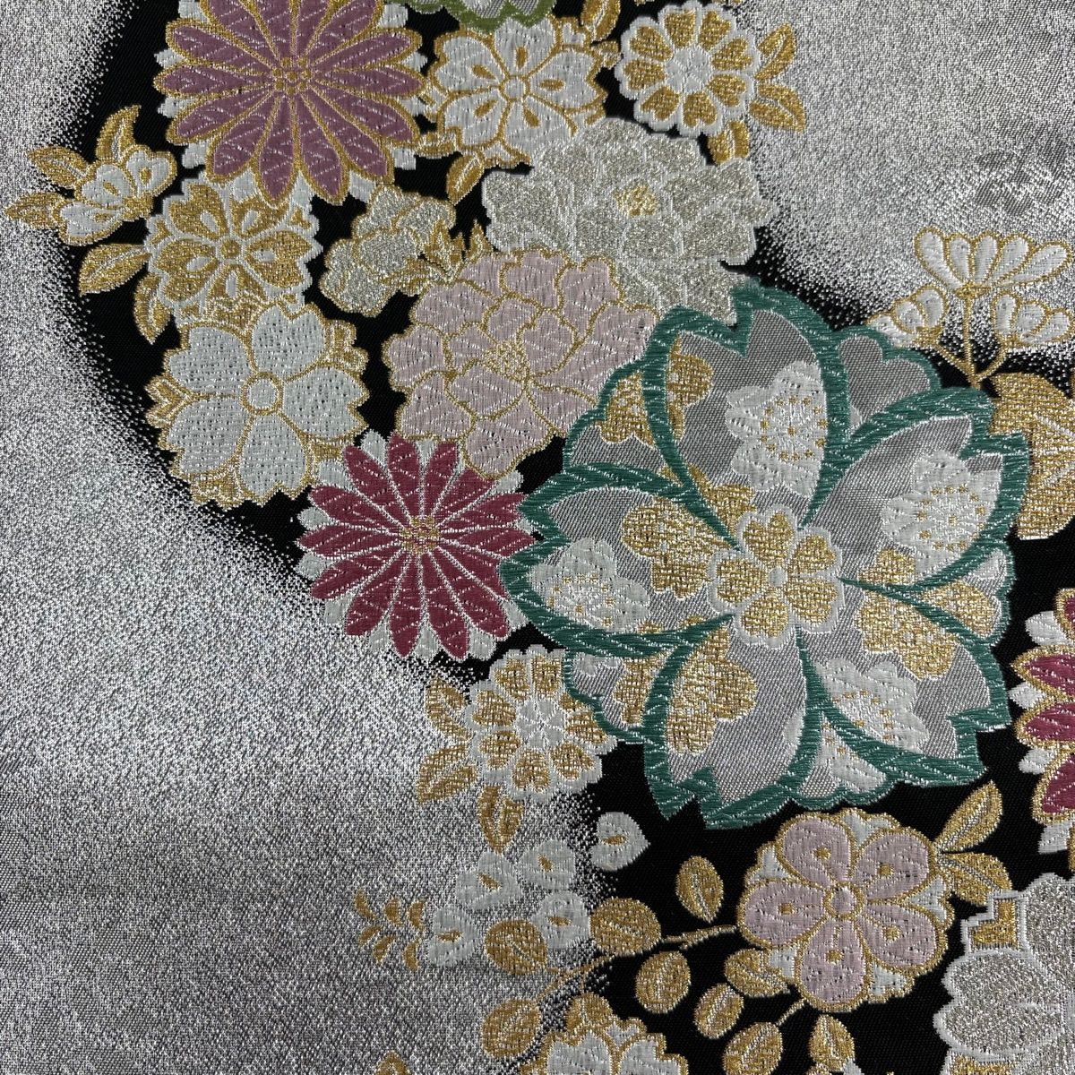 美品】 袋帯 秀品 鈴乃屋 菊 桜 金銀糸 唐織 銀色 六通 正絹 【中古