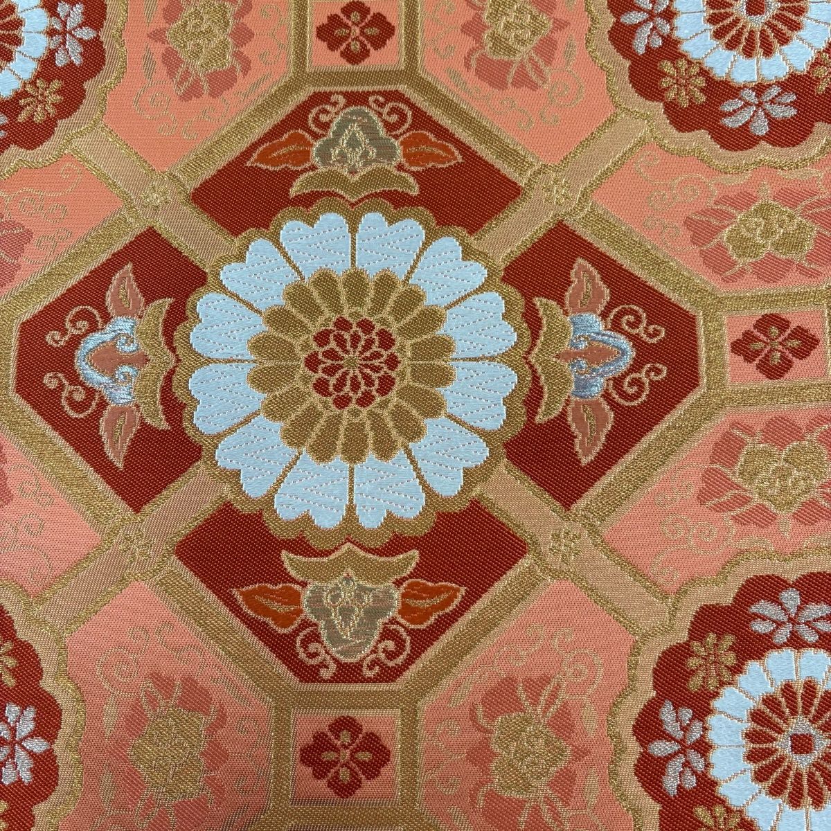 美品】 袋帯 秀品 渡文 落款 本金箔 菊 花唐草 金銀糸 唐織 オレンジ