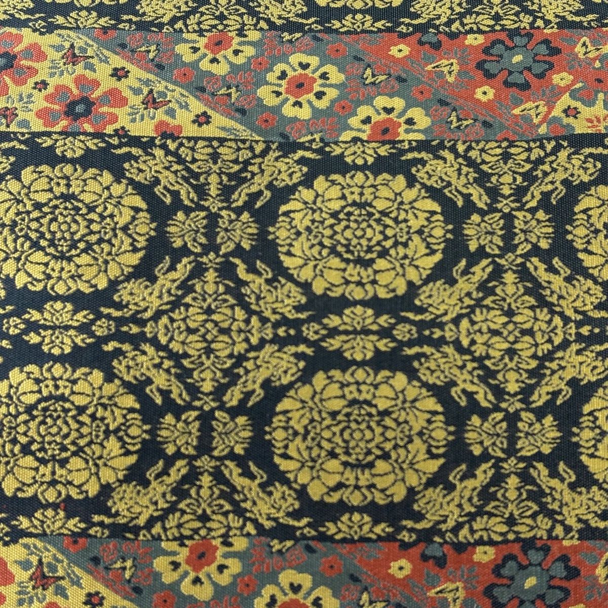 開き名古屋帯 秀品 落款 萬葉 華文 縞 深緑 正絹