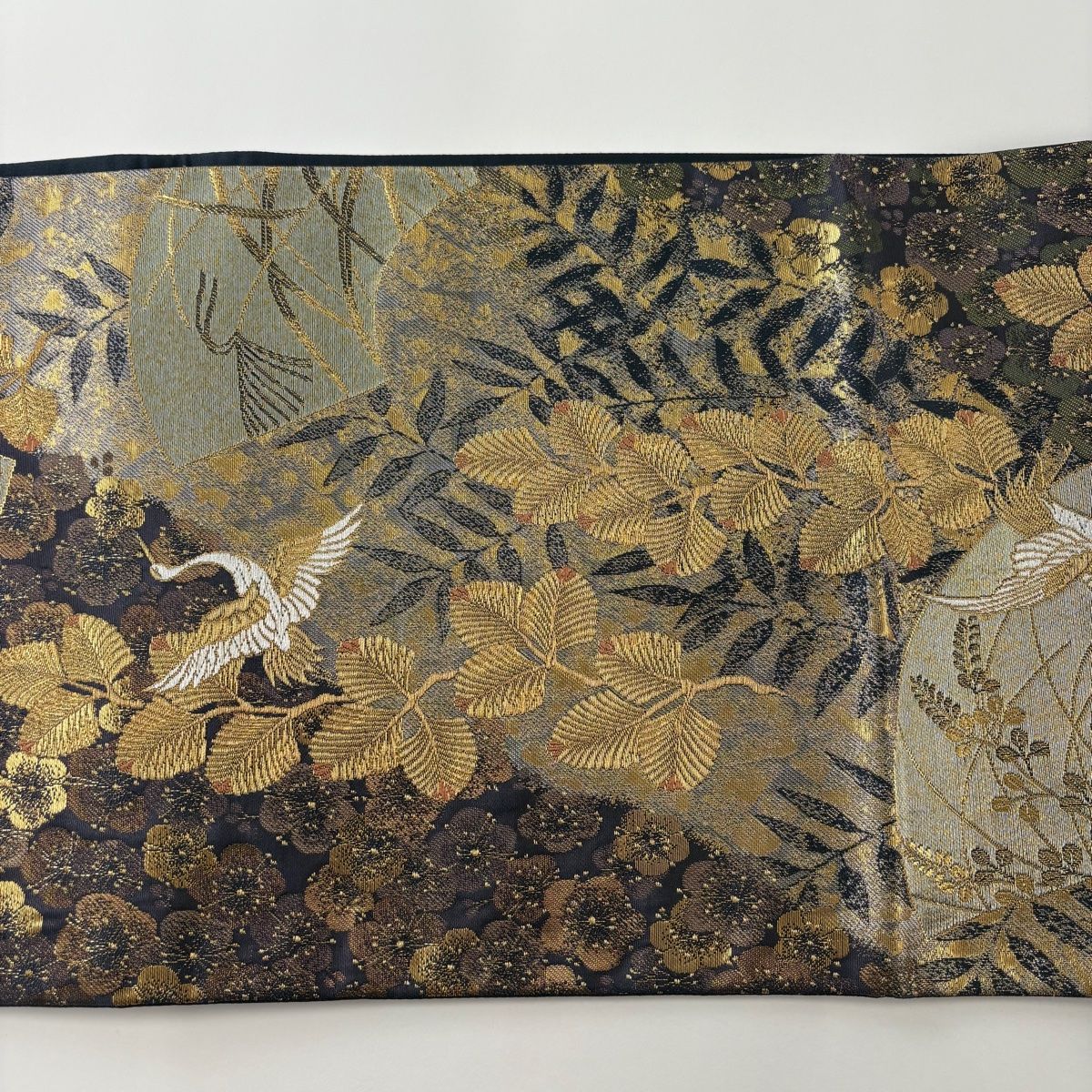 美品】 袋帯 秀品 松鶴扇面文 波 金銀糸 箔 濃紺 六通 正絹 【中古