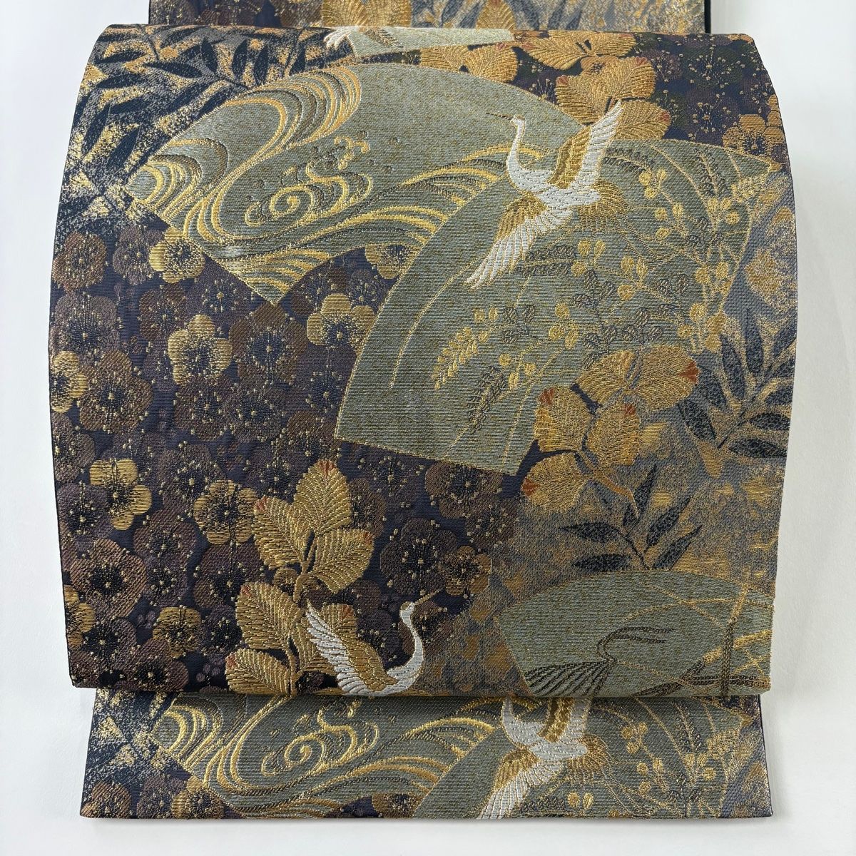 美品】 袋帯 秀品 松鶴扇面文 波 金銀糸 箔 濃紺 六通 正絹 【中古
