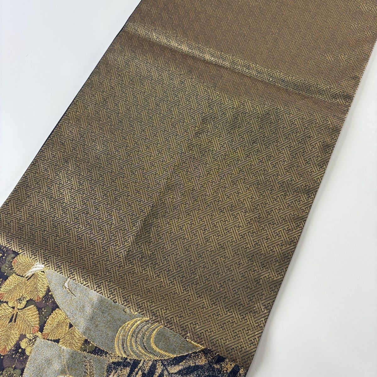 美品】 袋帯 秀品 松鶴扇面文 波 金銀糸 箔 濃紺 六通 正絹 【中古